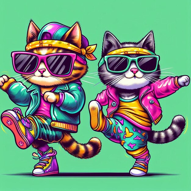 Gato con ropa de colores y gafas de sol bailando en el fondo verde