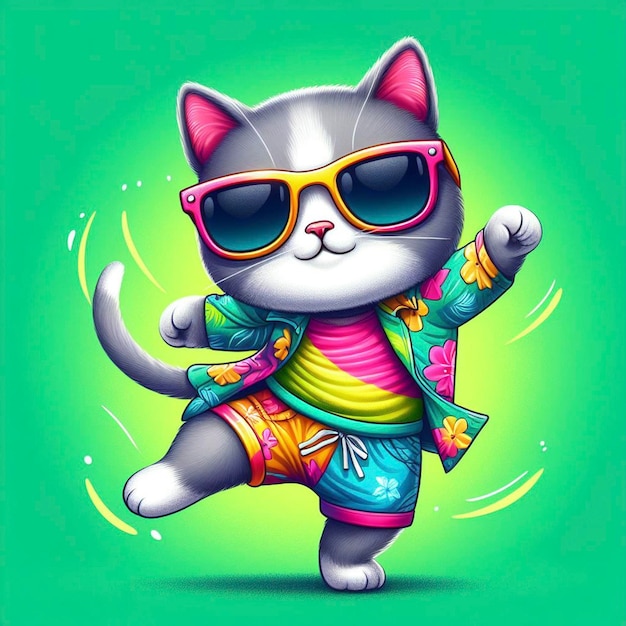 Gato con ropa de colores y gafas de sol bailando en el fondo verde