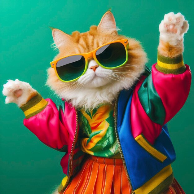 Gato con ropa de colores y gafas de sol bailando en el fondo verde