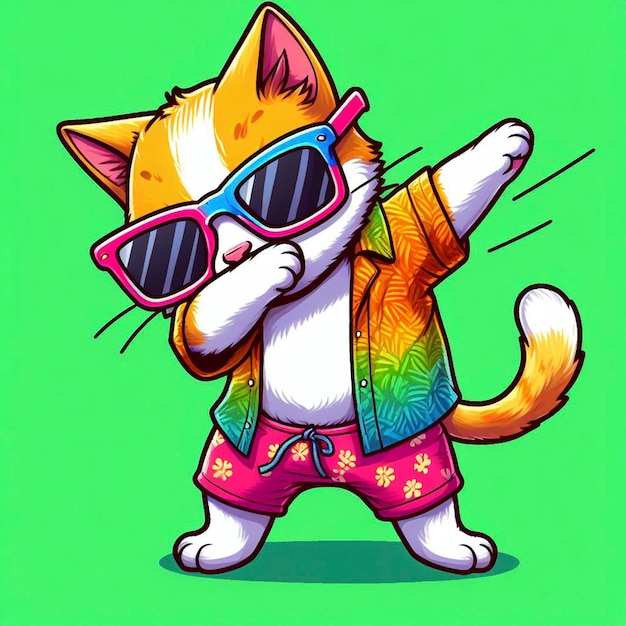 Gato con ropa de colores y gafas de sol bailando en el fondo verde