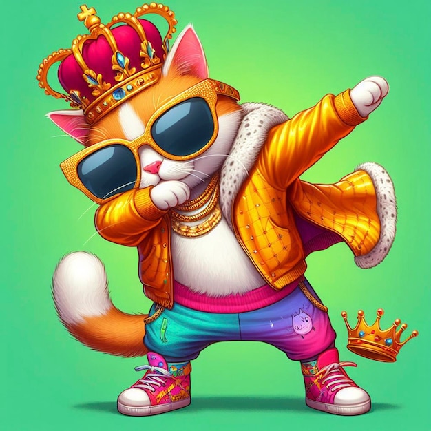 Foto gato con ropa de colores y gafas de sol bailando en el fondo verde