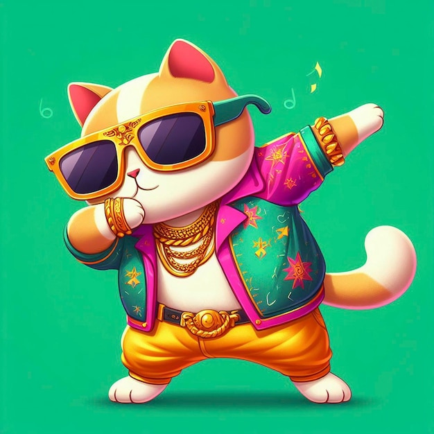 Gato con ropa de colores y gafas de sol bailando en el fondo verde