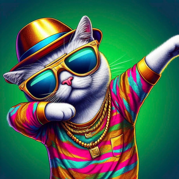 Gato con ropa de colores y gafas de sol bailando en el fondo verde