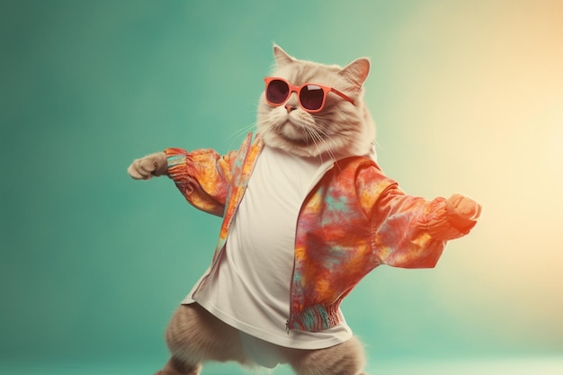 Gato con ropa colorida y gafas de sol bailando sobre el fondo pastel