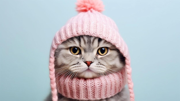 Gato con ropa de invierno retrato en fondo azul aislado