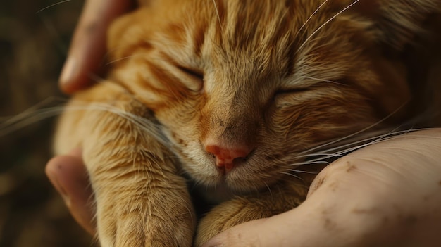 Gato roxo adormecido aconchegado na mão humana testemunhe a beleza serena de um gato roxo enquanto pacificamente