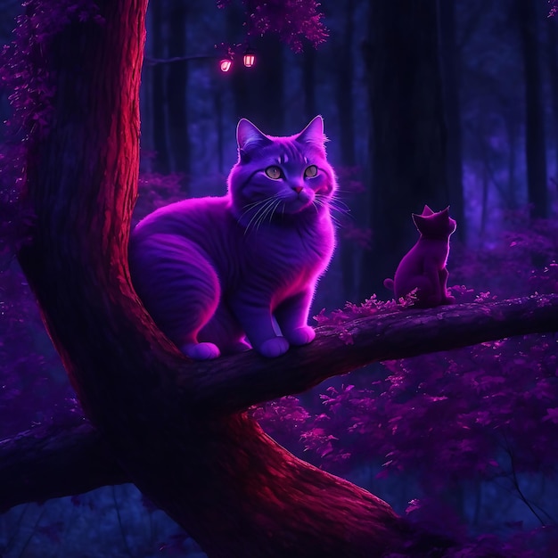 gato roxo em uma floresta mágica à noite