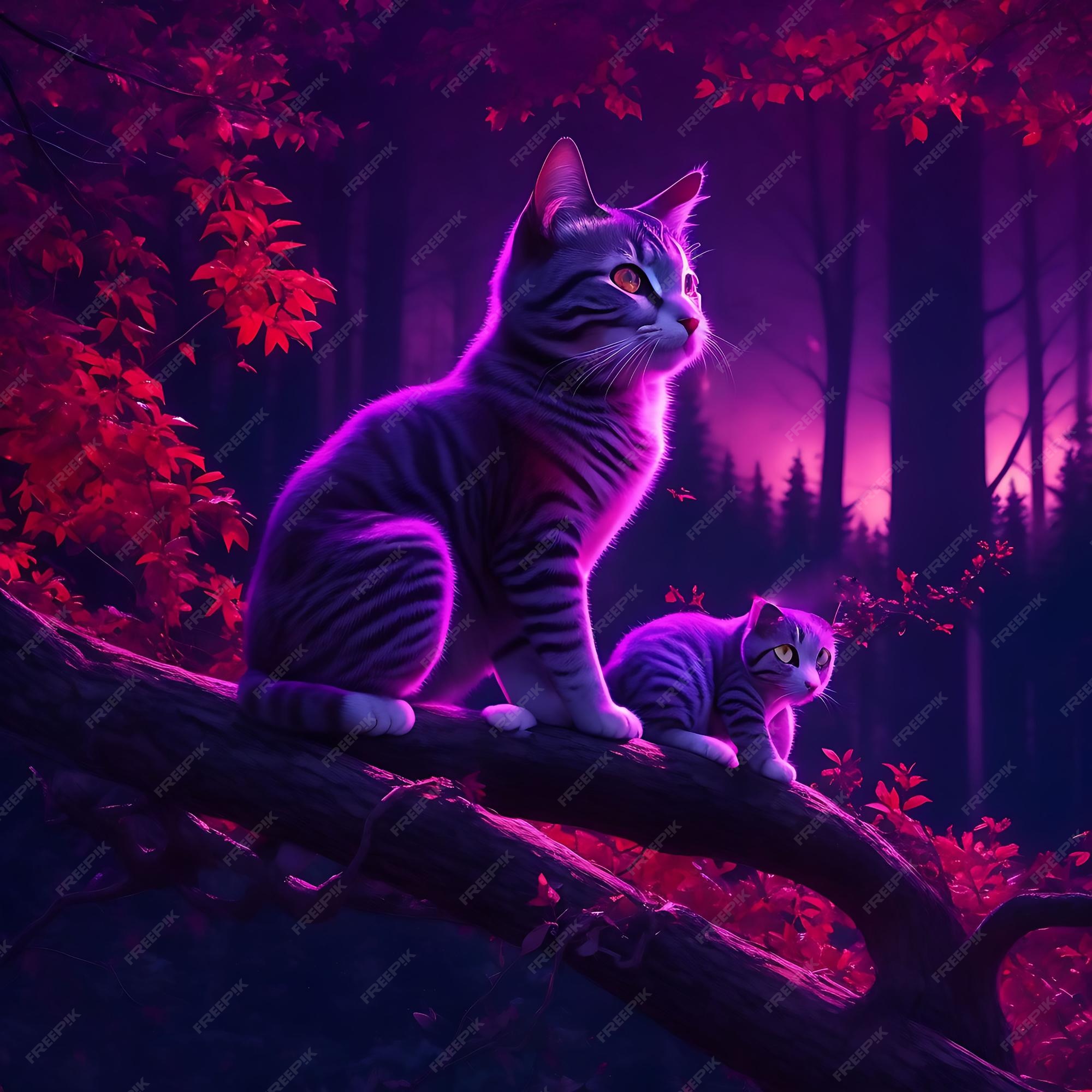 Gato roxo em uma floresta mágica à noite