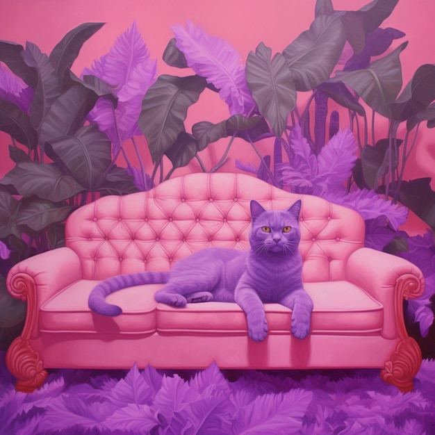 Gato roxo sentado em um sofá rosa em uma sala roxa generativa ai