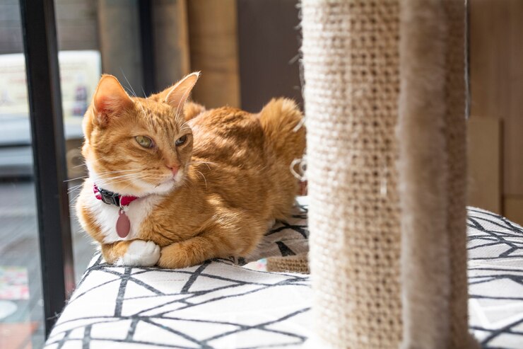 Gato rubio con collar acostado en su cama con su rascador Gatos