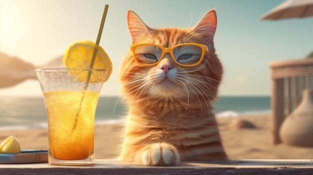 Gato ruivo bonito em óculos vermelhos e um coquetel na praia generative ai