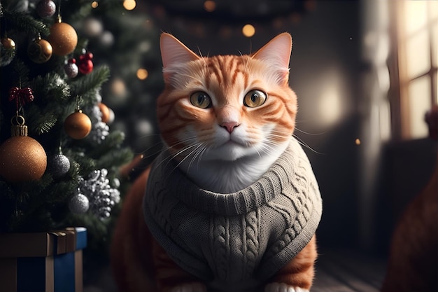 Gato ruivo no pulôver de Natal Generative AI