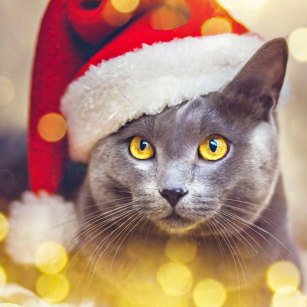 Foto el gato ruso de elegancia azul con un sombrero de papá noel da la bienvenida al año nuevo con gracia