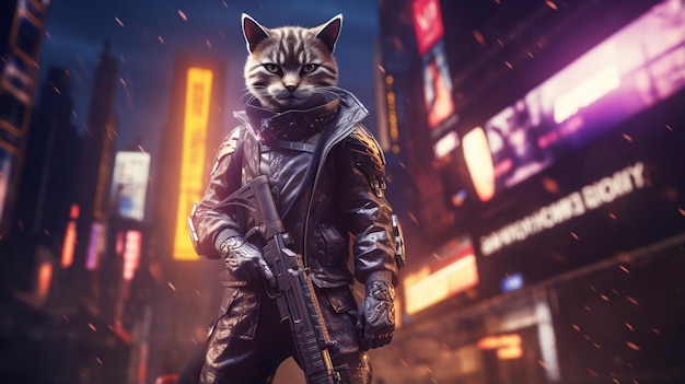 gato sábio vestindo uniformes cyberpunk com arma futurista na mão IA generativa