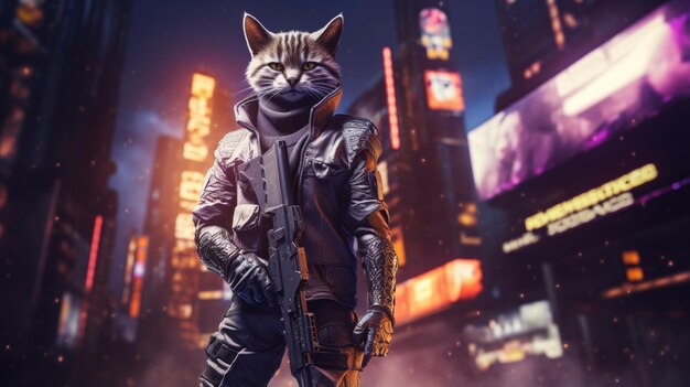 gato sábio vestindo uniformes cyberpunk com arma futurista na mão IA generativa