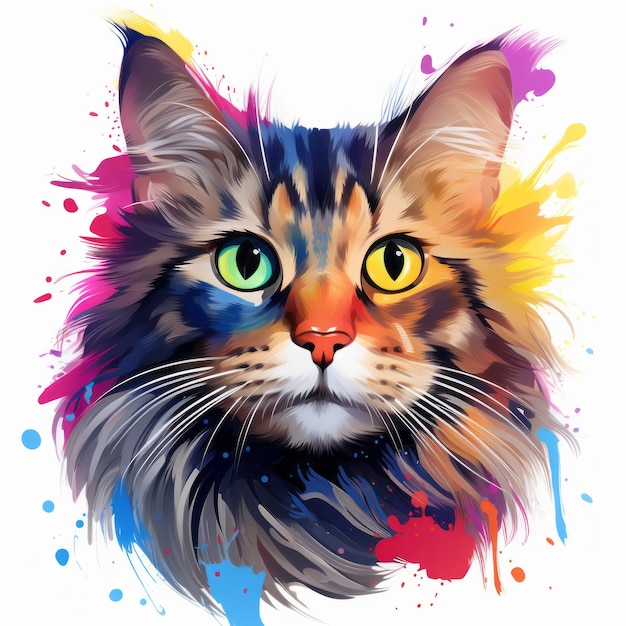 un gato con salpicaduras de pintura de colores en la cara