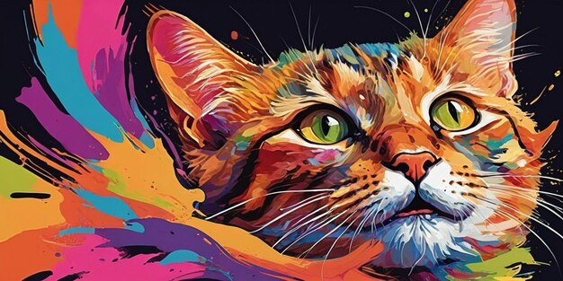 Gato con salpicaduras de pintura coloridas en un fondo negro