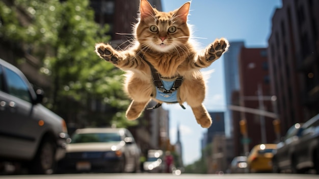 Foto un gato salta en el aire con una correa