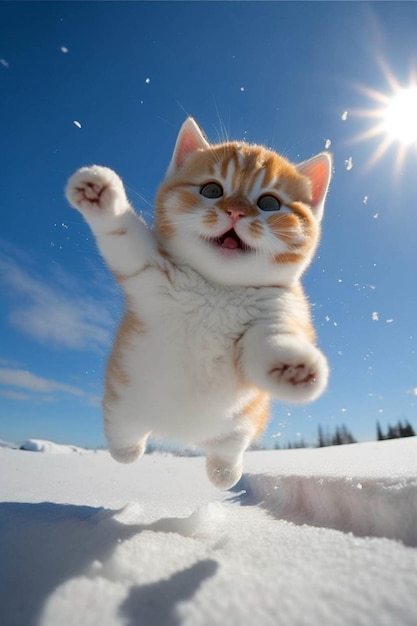 Gato saltando en el aire en la nieve generativa ai