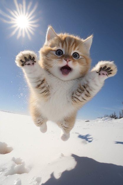 Gato saltando en el aire en la nieve generativa ai.