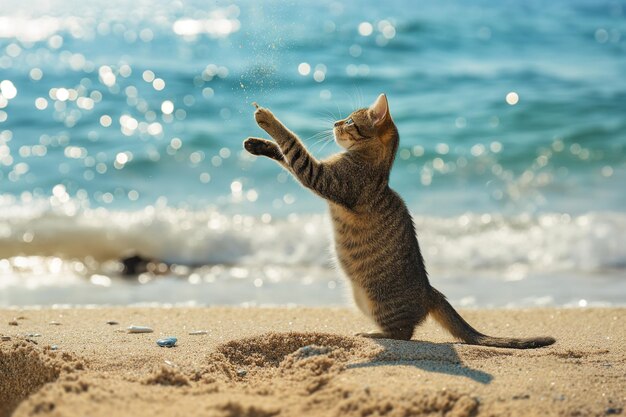 Un gato saltando y jugando en la playa en un día soleado con fondo marino