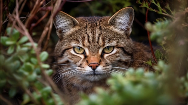 Un gato salvaje en un arbusto