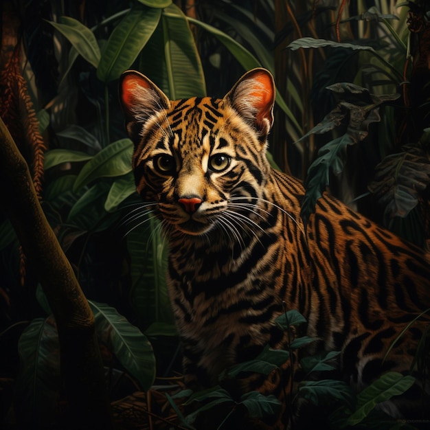 Gato salvaje manchado vagando por las densas selvas