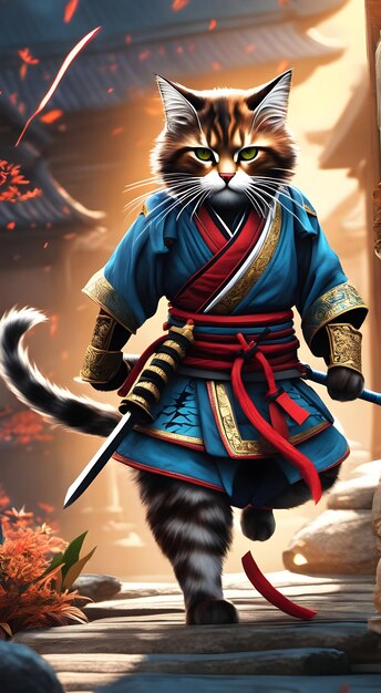 Foto gato samurai errante atacando