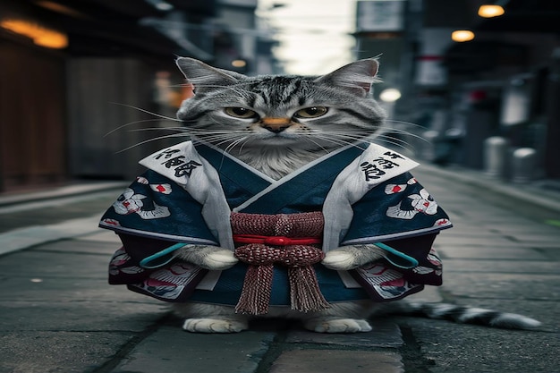 Gato samurai Un felino en la vestimenta tradicional japonesa
