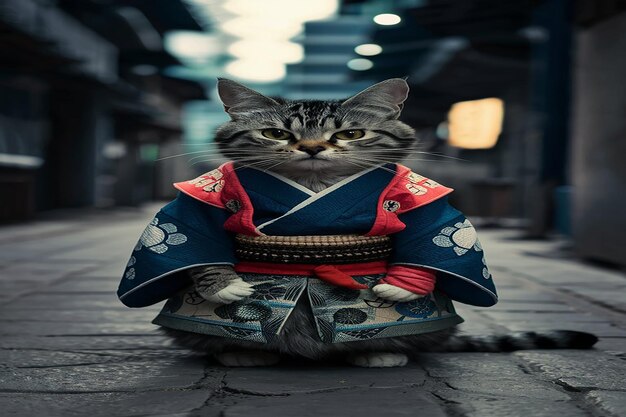 Gato samurai Un felino en la vestimenta tradicional japonesa