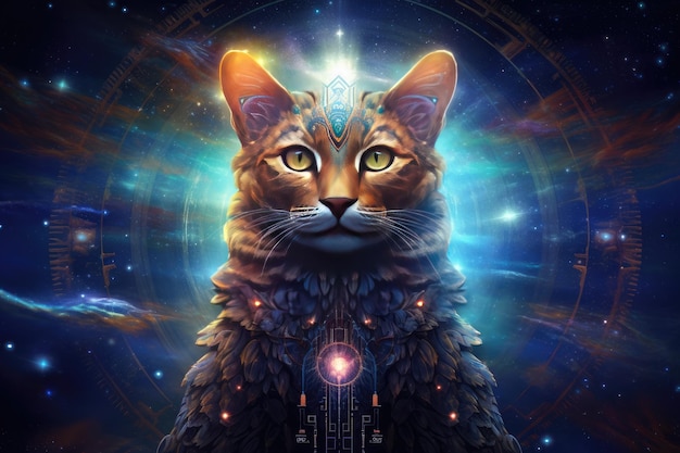 Gato Scifi criatura de fantasia animal de casa com céu colorido fundo escuro Generative Ai