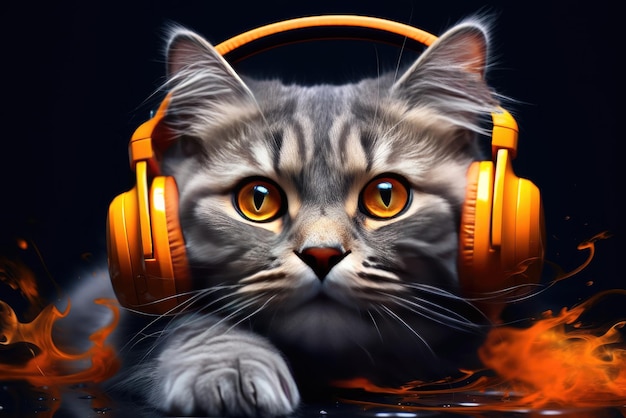 Foto gato scottish fold deitado nos fones de ouvido gato ouvindo música