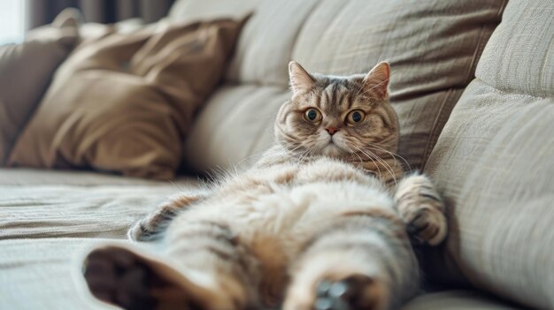 El gato Scottish Fold está sentado en el sofá como un humano