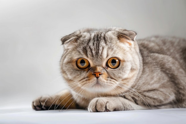 Un gato Scottish Fold mostrando sus orejas plegadas únicas y su expresión cautivadora