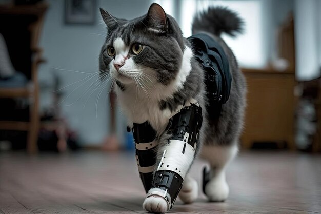 Gato se recuperando de uma lesão com risco de vida com perna robótica ajudando-o a andar novamente