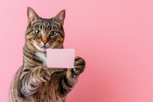 Gato segurando um cartão branco nas patas