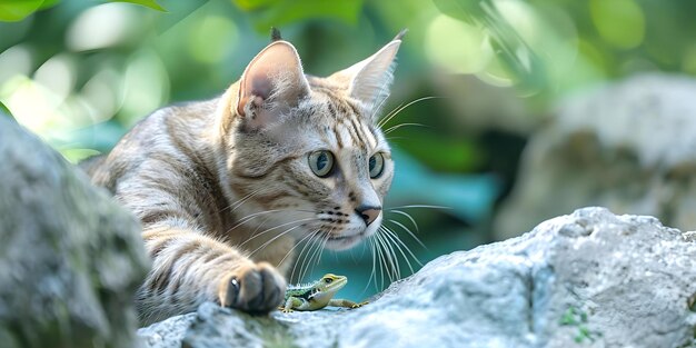 Foto gato selvagem caçador de lagarto exibindo natureza predadora apesar de ser um animal de estimação amado conceito comportamento animal instintos predatórios encontros com animais selvagens animais domesticados atividades de caça