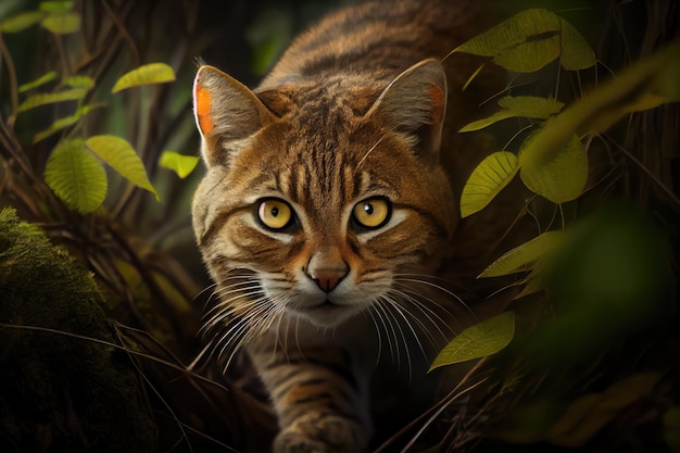 Gato selvagem ronda pela floresta com os olhos em alerta