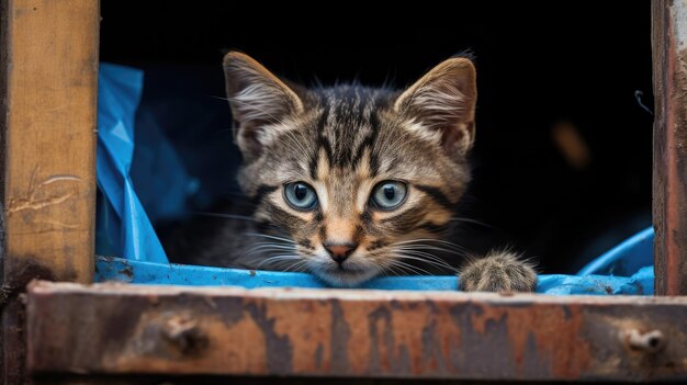 Foto gato sem-abrigo com fome à procura de comida num contentor de lixo ao ar livre