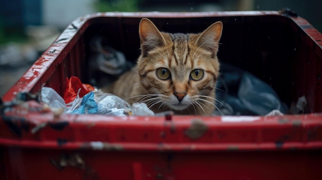 Foto gato sem-abrigo com fome à procura de comida num contentor de lixo ao ar livre