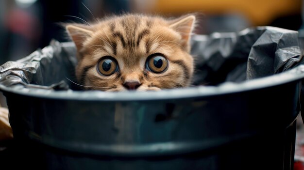 Foto gato sem-abrigo com fome espreitando em um contêiner de lixo ao ar livre