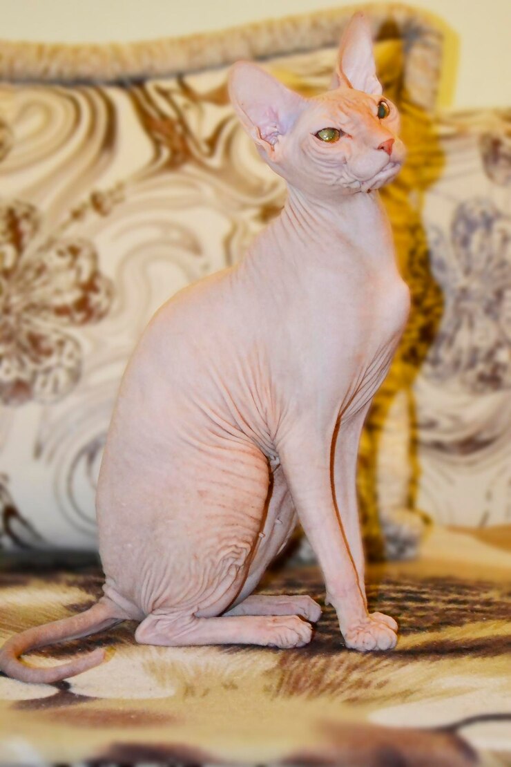 Foto gato sem pêlos sphynx sentado no sofá
