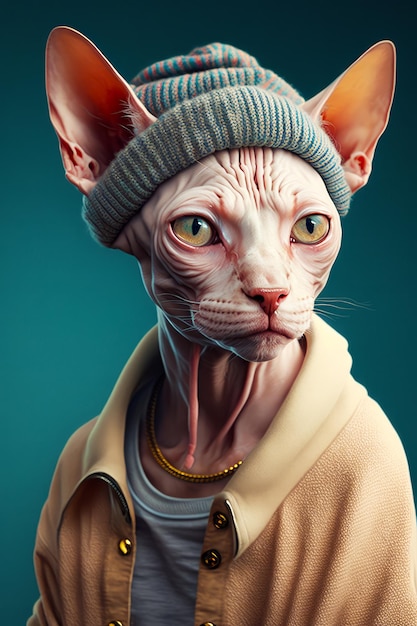 Gato sem pelos usando gorro de tricô com língua de fora IA generativa