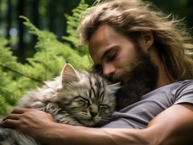 Foto gato sendo aconchegado por um dono amoroso