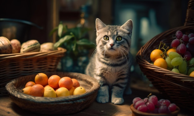 Gato sentado ao lado de uma cesta de frutas Um gato sentado ao lado de uma cesta de frutas