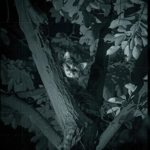 Un gato sentado en un árbol mirando a la cámara