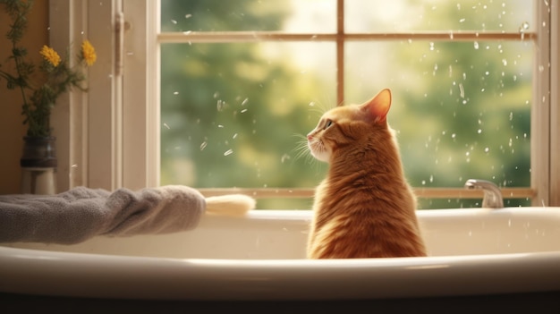 Un gato sentado en una bañera mirando por la ventana.