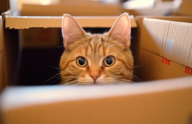 Foto un gato sentado en una caja de cartón mirando fuera de ella