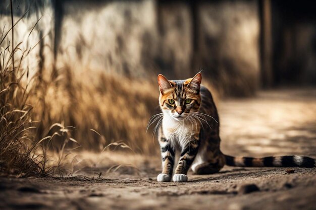 Foto un gato está sentado en un camino de tierra frente a un fondo de hierba seca