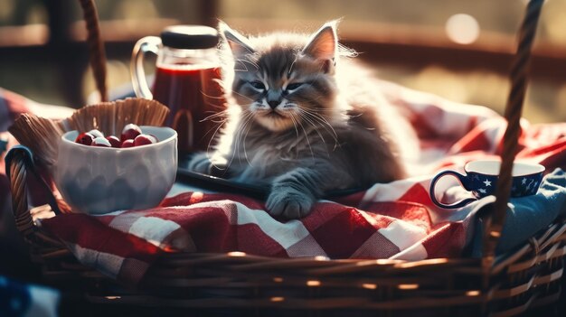 Un gato sentado en una canasta con una taza de café Imagen generativa de IA